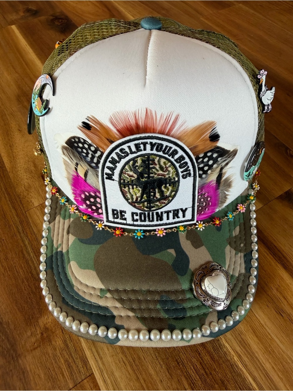 Mamas Let Your Boys Be Country Embellished Camo Trucker Hat - Feathers & Pearls